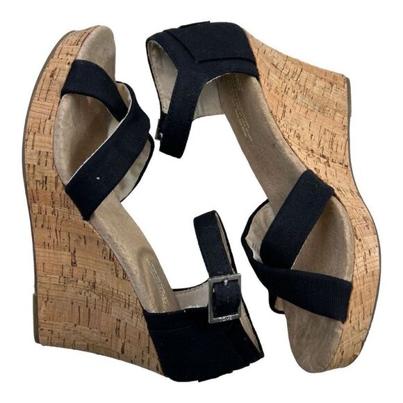 Toms Sierra Women's Canvas Open Toe Criss Cross Cork Wedge Heels Black Size 8.5 - Picture 7 of 11